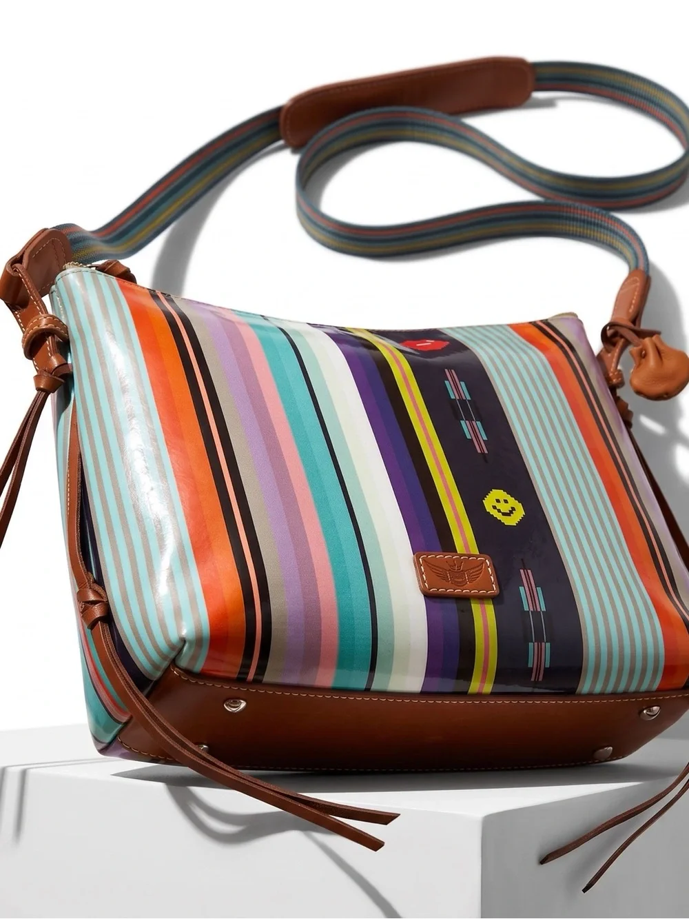 Consuela Multicolor Stripe Crossbody Bag with Brown Trim